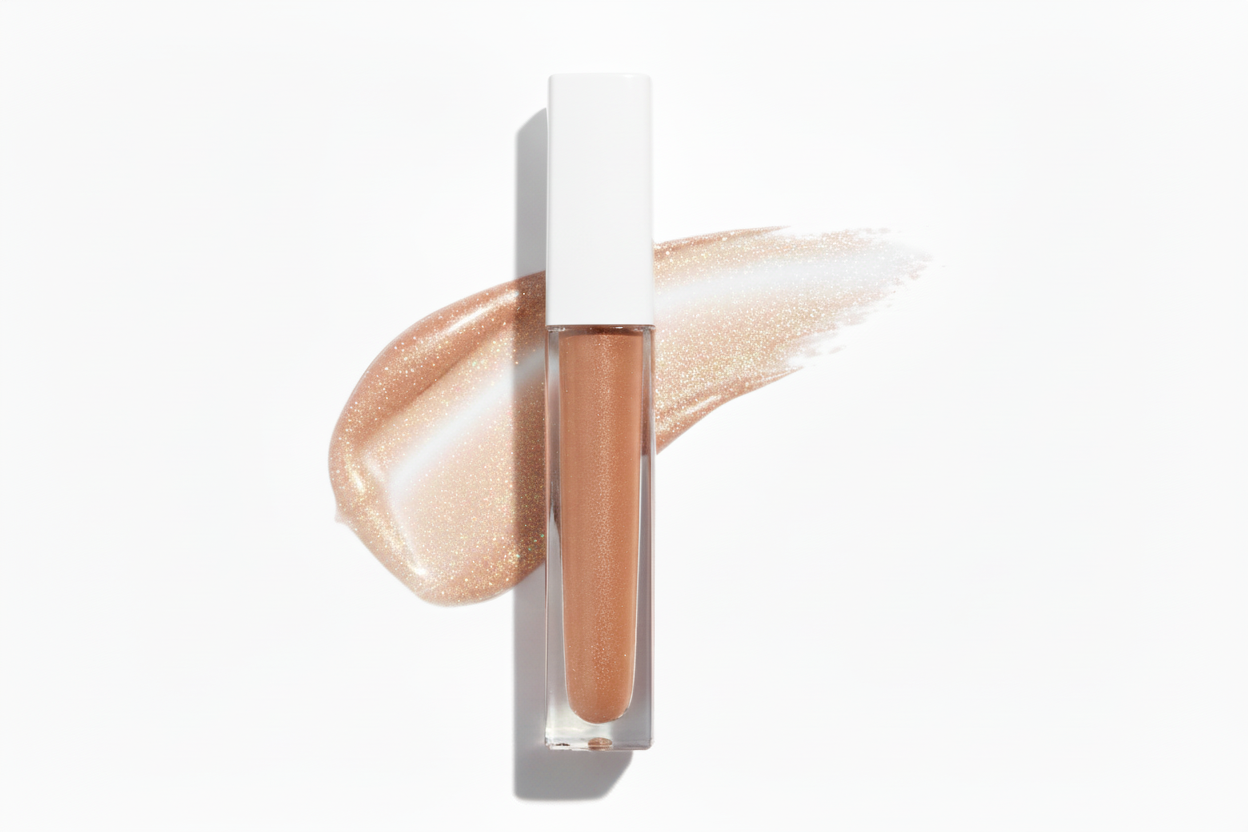 Nude shimmer lip gloss with white cap