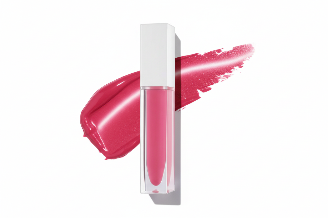 Pink lip gloss with white cap and smear patterns